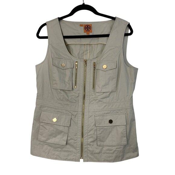 14 Tory Burch Womens Jason Utility Vest With Gold Zipper & Snap Safari EUC - Picture 2 of 8